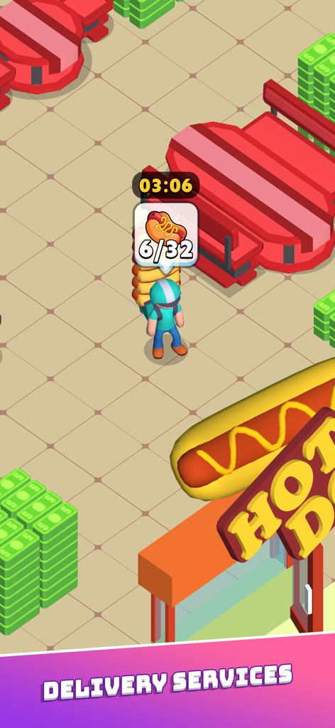 A game character in a helmet carrying a stack of hot dogs for delivery services next to stacks of cash.