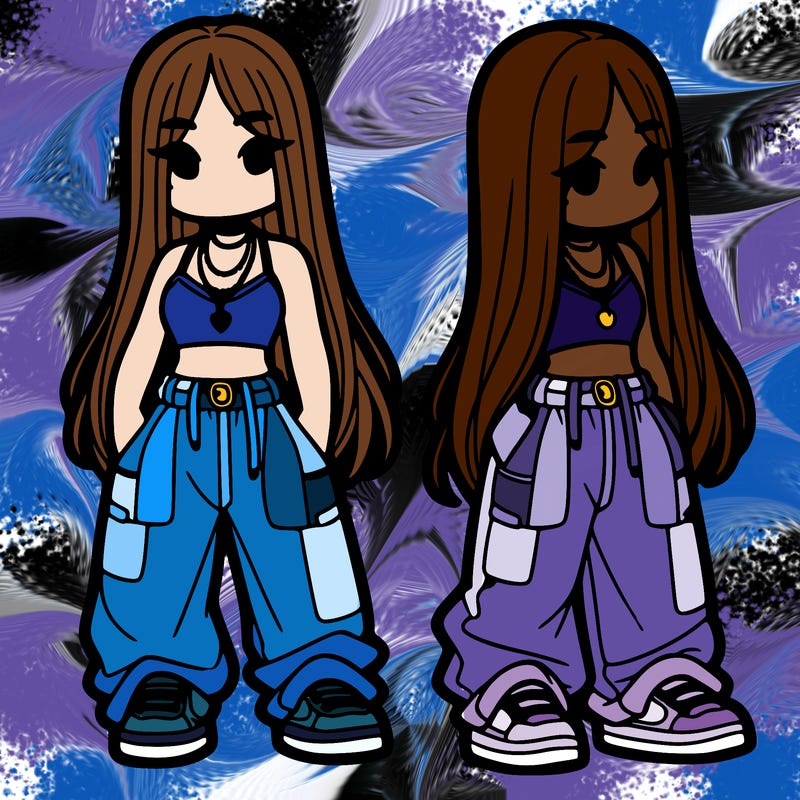 girl in baggy pants crop top and long hair