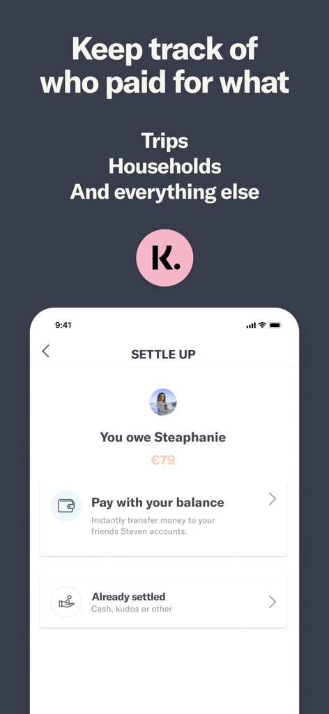 Mobile app screen showing expense splitting and settlement options in Steven