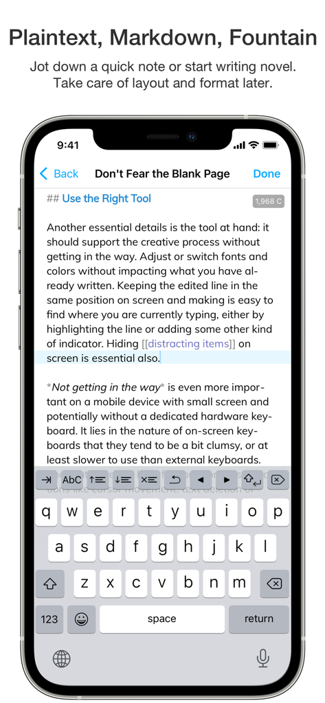 Notebooks – Write and Organize - iPhone screen displaying the Notebooks app interface with a Markdown text editor and on-screen keyboard