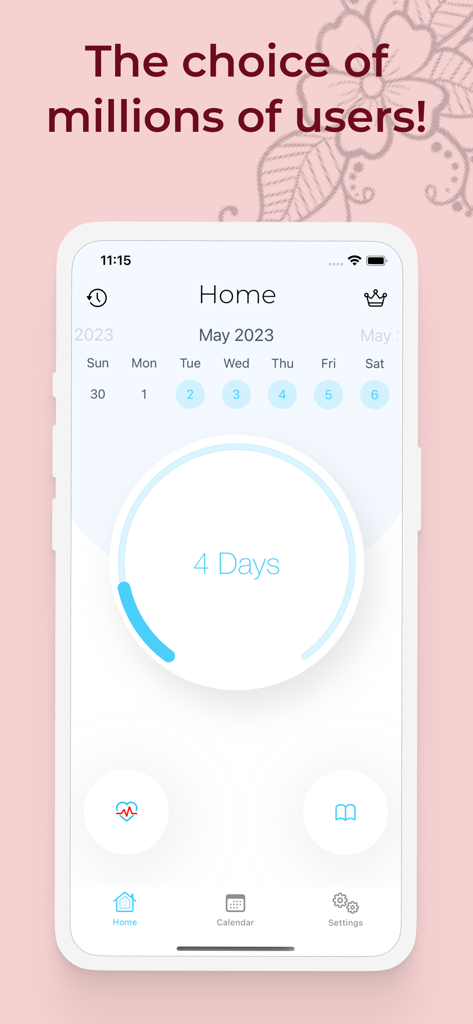 Period tracker : My Calendar - Home screen of the Period Tracker My Calendar app showing a cycle countdown and calendar interface