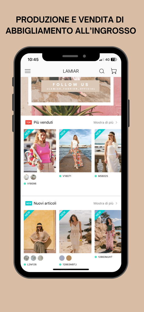 Interfaz de la aplicación móvil Lamiar que muestra un catálogo de ropa al por mayor con secciones para los más vendidos y novedades
