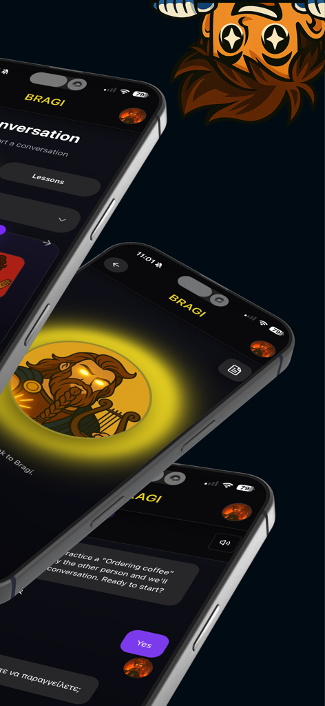 Bragi - Language Learning - Tres pantallas de iPhone que muestran la interfaz de la aplicación Bragi con personajes de IA y escenarios de conversación para el aprendizaje de idiomas