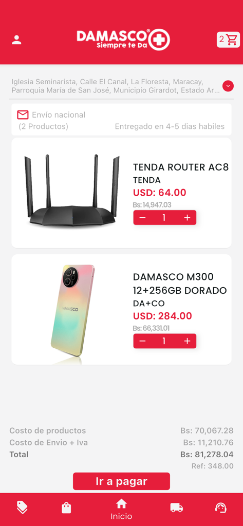 Damasco Ecommerce - Checkout screen of the Damasco Ecommerce app showing a router and a smartphone in the shopping cart with prices in USD and Bolivares.