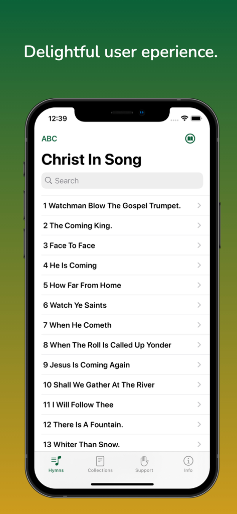 Christ In Song Multi-Language - Mobile app interface of Christ In Song showing a numbered list of Seventh-day Adventist hymns with a search bar.