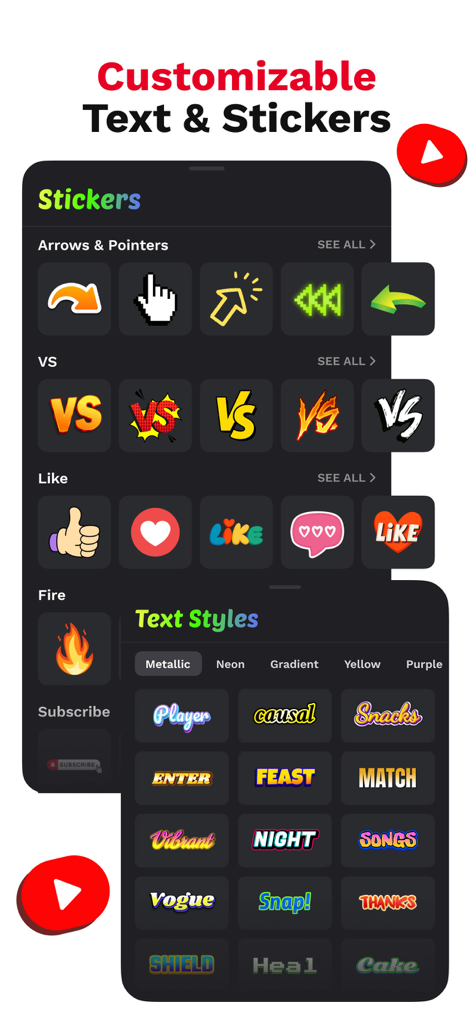 Thumbnail Maker - TubeCut - Interfaz de la aplicación TubeCut mostrando pegatinas personalizables y estilos de texto para miniaturas de YouTube