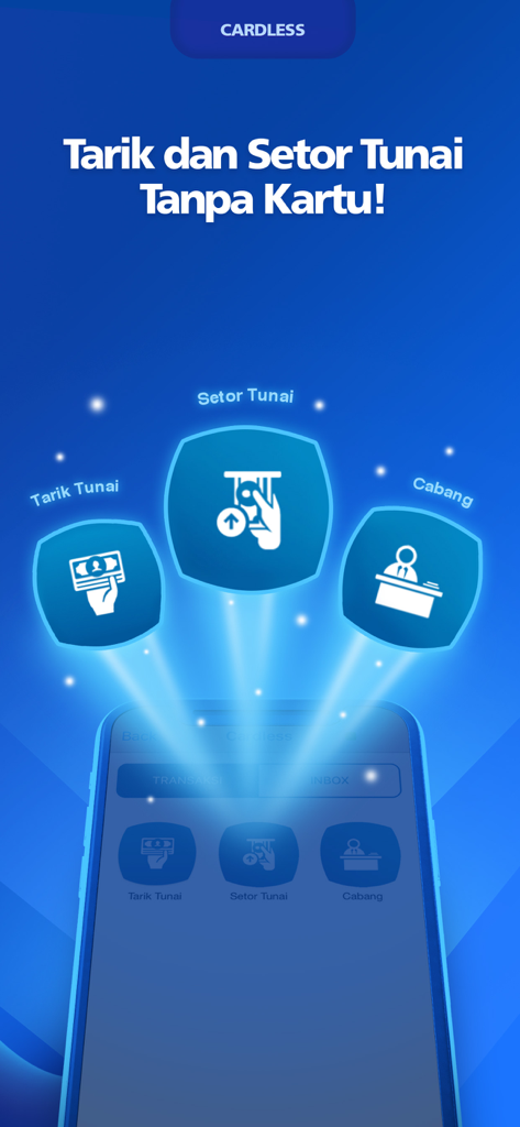 BCA mobile app screen showing cardless cash withdrawal and deposit features