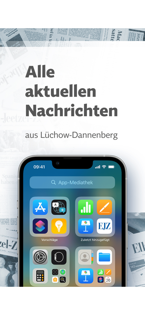 Elbe-Jeetzel-Zeitung | EJZ-App - Smartphone screen showing the EJZ app icon with a newspaper background and German headline
