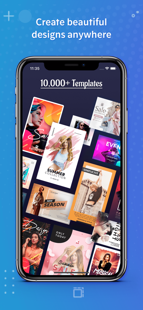 ビジネスやソーシャルメディア向けのプロフェッショナルなグラフィックデザインテンプレートを表示するスマートフォンの画面