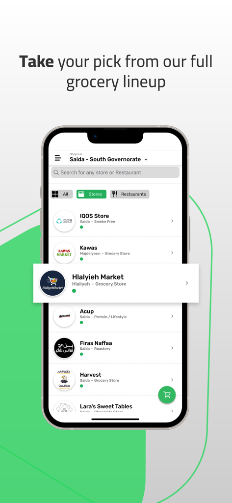 markit app - Ecrã da aplicação Markit a mostrar uma lista de mercearias disponíveis para entrega no Líbano