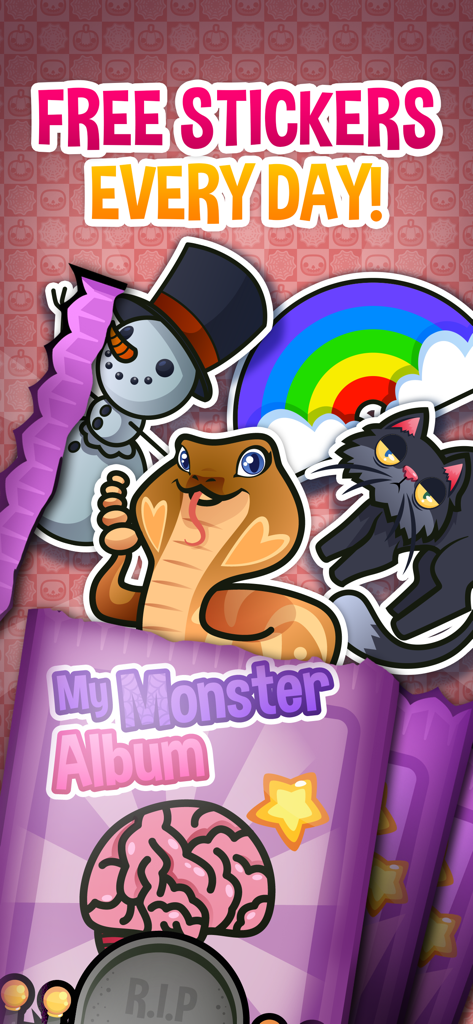 My Monster Album: Sticker Book - 「毎日無料シール」と書かれた、My Monster Albumアプリのかわいくて不気味なモンスターシールとシールパックのコレクション