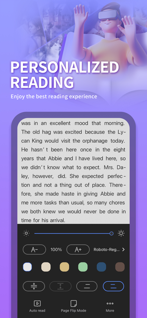 Interface of the Storyaholic app showing customized reading settings like font size and background color for a werewolf romance story