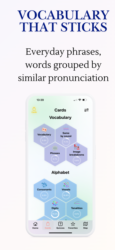 Enjoy Thai Learning - Interface de l'application Enjoy Thai Learning affichant des catégories hexagonales pour les phrases de vocabulaire et les leçons d'alphabet