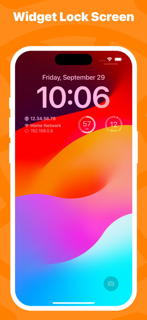 iPhone lock screen showing Network Utility widgets for IP addresses and cellular data usage monitoring