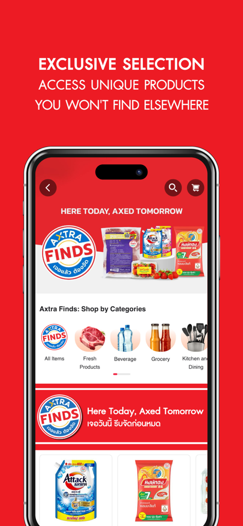 Schermata dell'app mobile Makro PRO che mostra prodotti esclusivi Axtra Finds e categorie di shopping all'ingrosso.