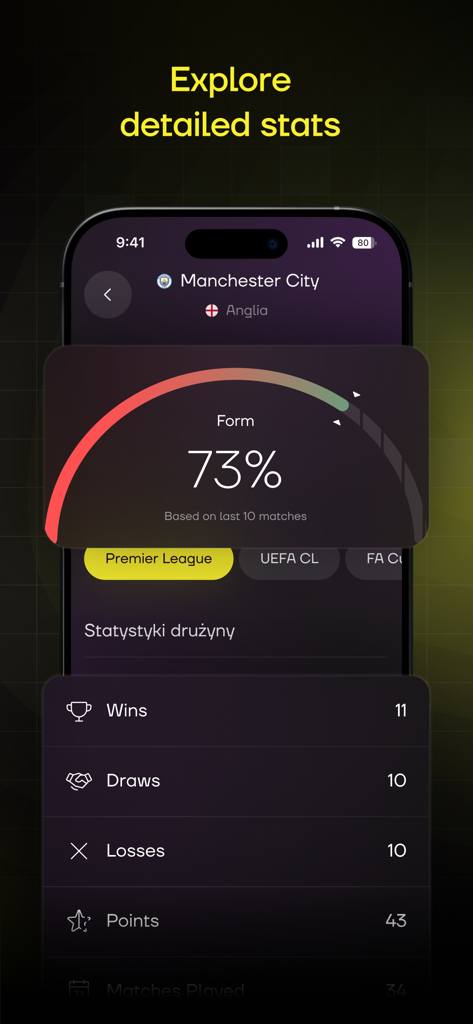 Estadísticas detalladas de equipos deportivos y análisis de forma en la aplicación Sports AI Pro.