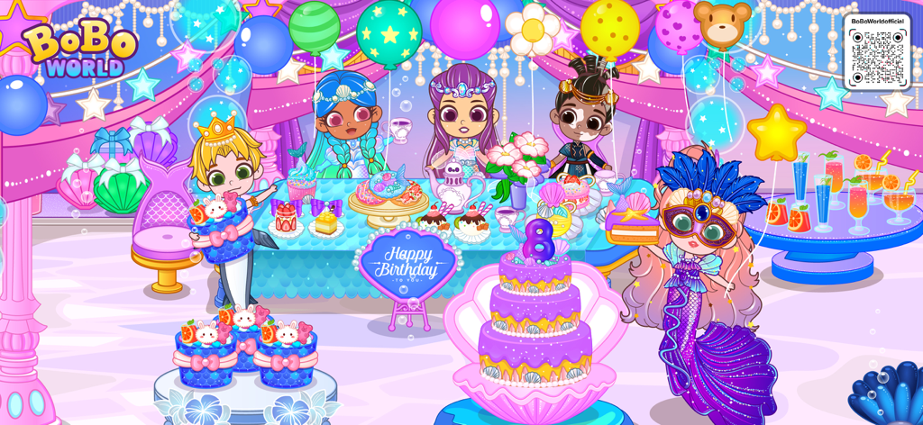 BoBo World: The Little Mermaid - 人魚のキャラクターたちが、海中王国で巨大なケーキを囲んで誕生日を祝っています。