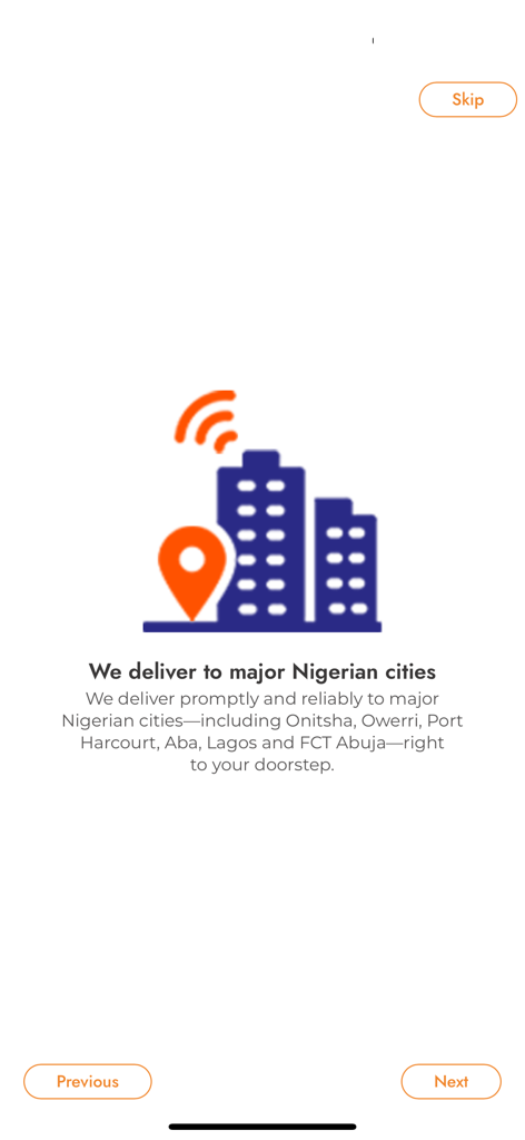 GUO Logistics - Onboarding screen of the GUO Logistics app highlighting delivery coverage to major Nigerian cities like Lagos and Abuja