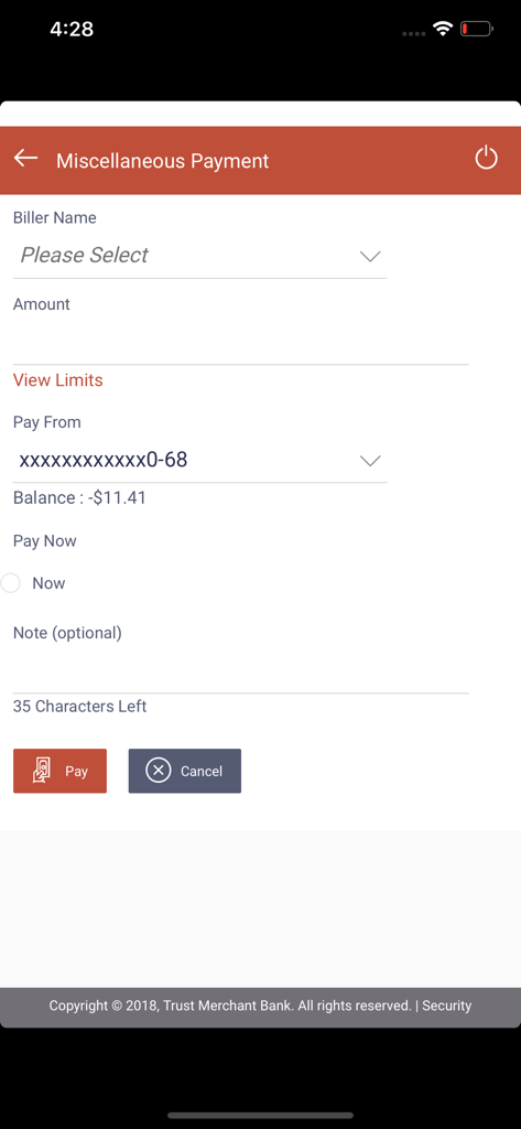 Interface de l'application mobile TMB NetBank montrant le formulaire de paiement divers avec la sélection du facturier, la saisie du montant et les boutons de confirmation de paiement.