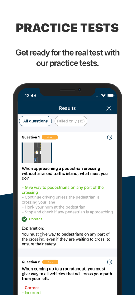 Road Code NZ driving test app showing practice test results and explanations