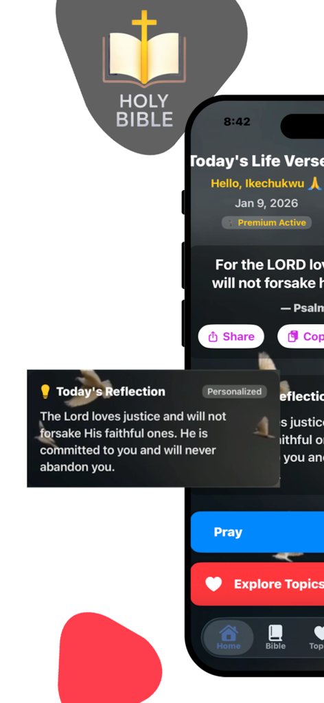 Holy Bible .. - Bildschirm der Holy Bible App mit einem täglichen Vers und personalisierter spiritueller Reflexion.
