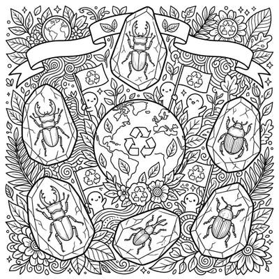 Dive into a captivating coloring journey celebrating both ancient history and environmental consciousness. This intricate design features magnificent amber beetles amidst a vibrant tribute to Earth Day, perfect for nature lovers and conservation advocates.