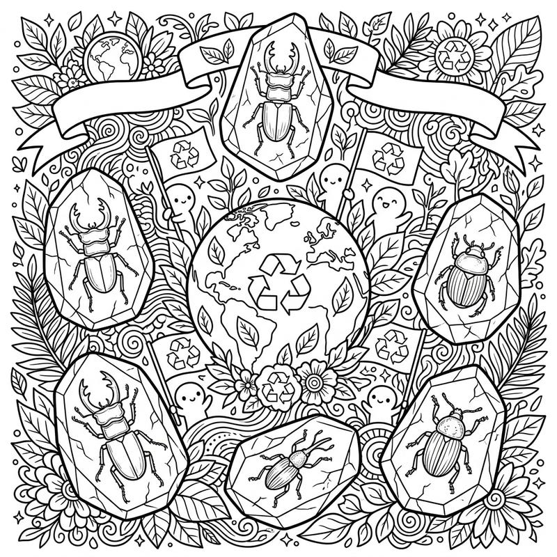 Dive into a captivating coloring journey celebrating both ancient history and environmental consciousness. This intricate design features magnificent amber beetles amidst a vibrant tribute to Earth Day, perfect for nature lovers and conservation advocates.