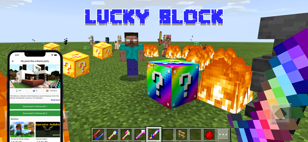 Addons & Skin for Minecraft PE - Minecraft gameplay with rainbow lucky blocks and a mobile phone interface showing addon downloads.