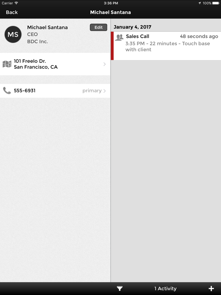 Interface do iPad do Routzy exibindo o perfil de contato de um cliente com endereço e histórico de atividade de vendas