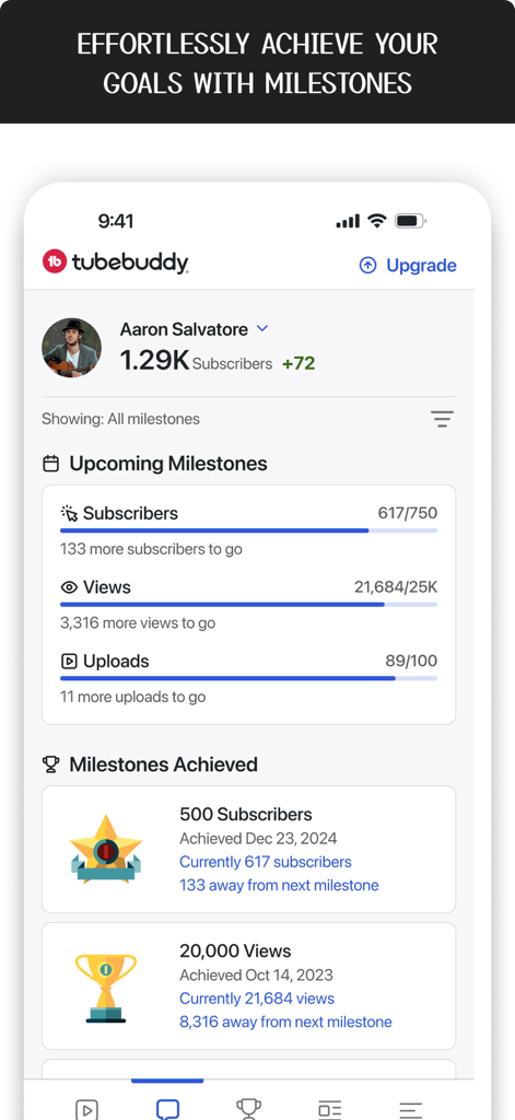 TubeBuddy mobile app interface showing upcoming and achieved YouTube channel milestones for subscribers and views