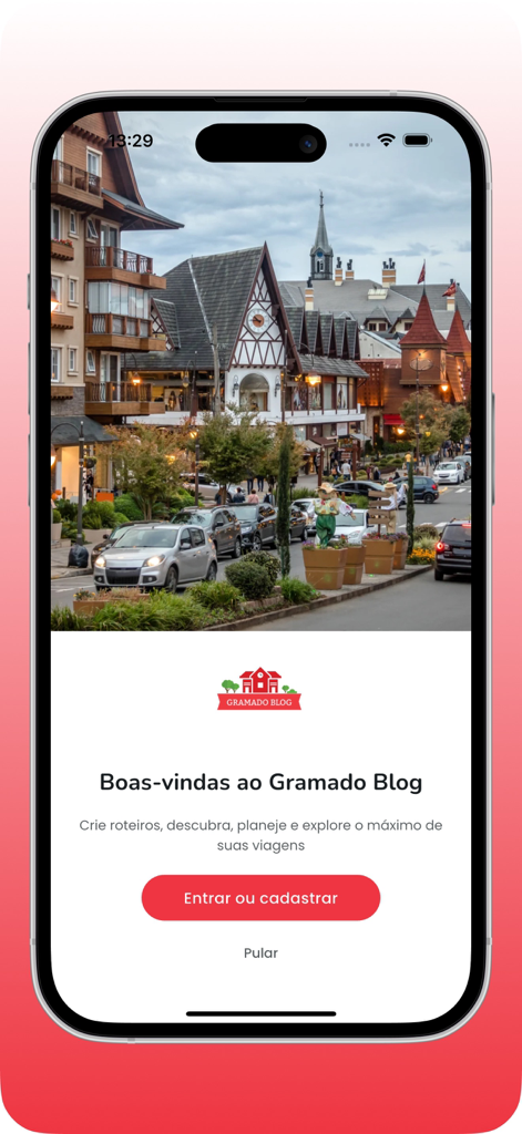 Gramado Blog - Welcome screen of the Gramado Blog app showing a scenic street view with European style architecture in Gramado Brazil