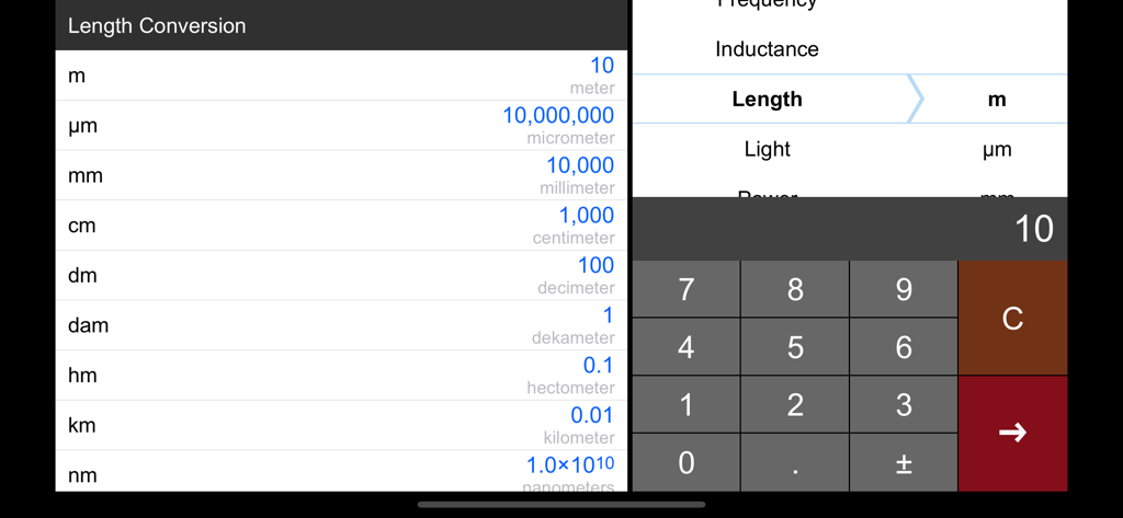 Unit Converter HD. - Unit Converter HD length conversion interface with numeric keypad