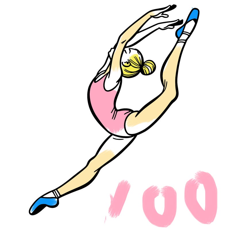 gymnast doing a leap in a leotard with a bent back leg
