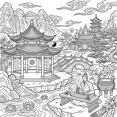 Immerse yourself in the rich history of the Zhou Dynasty with this exquisite coloring page. Discover ancient Chinese architecture, serene natural beauty, and the wisdom of a scholar awaiting your creative touch.