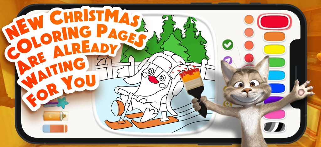 Masha and the Bear: Painting - マーシャと熊のお絵かきアプリのクリスマスをテーマにした塗り絵ページ。スキーをしているペンギンと絵筆を持った猫のキャラクターが登場します。