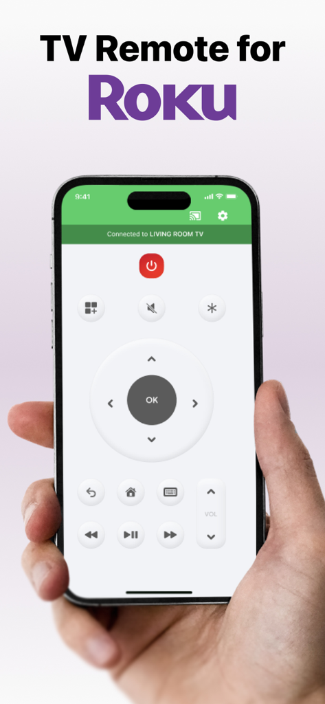Hand hält ein Smartphone, das die TV-Fernbedienungs-App-Oberfläche für Roku mit Navigations- und Wiedergabesteuerungen anzeigt