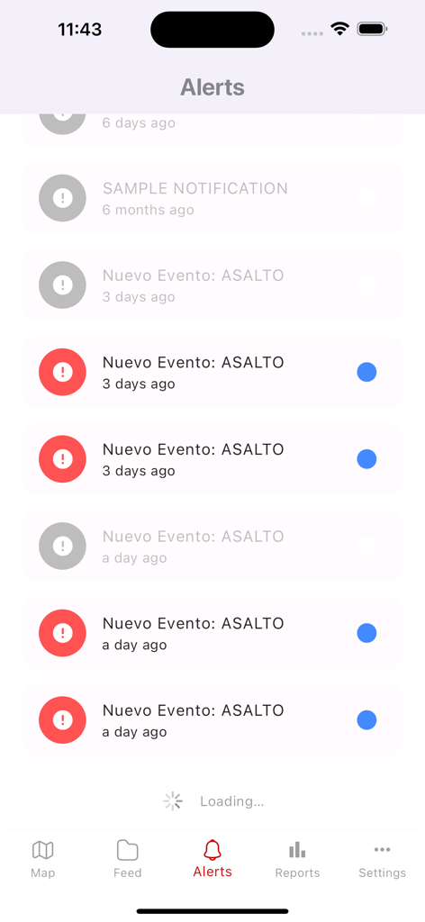 Situational Awareness Mobile - Interface of Situational Awareness Mobile showing a feed of recent safety alerts and incidents.