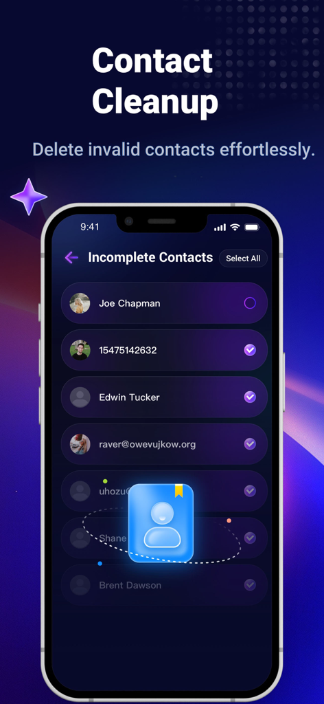 Quick Cleaner:Clean Up Storage - Quick CleanerアプリのiPhoneスクリーンショット。不完全な連絡先クリーンアップツールが表示されています。