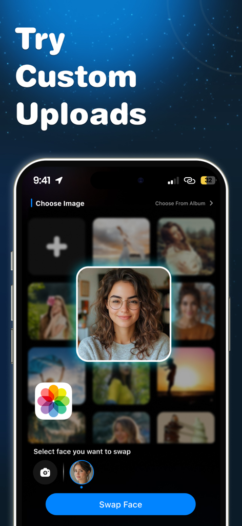 FunSwap: Ai Face Swap Videos - Interfaz de la aplicación FunSwap que muestra la carga de fotos personalizadas y la selección de caras para el intercambio de IA.