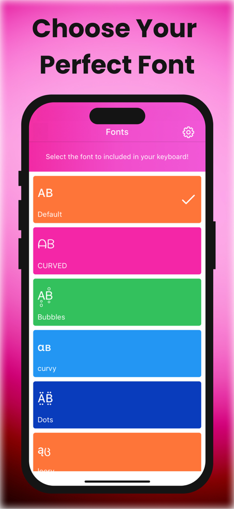 Text Fonts, Emojis & Symbols - カスタムキーボードに選択するカラフルなフォントスタイルのリストを表示するテキストフォントアプリのインターフェイス。