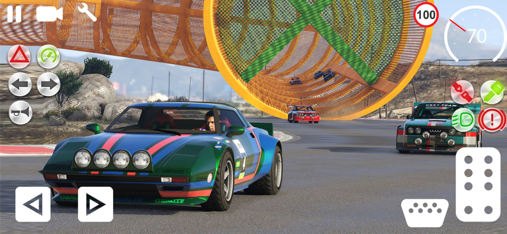 Car Stunt & Ramp Driving Sim - - Jugabilidad de Car Stunt and Ramp Driving Sim mostrando un coche deportivo verde personalizado cerca de una gran rampa de acrobacias