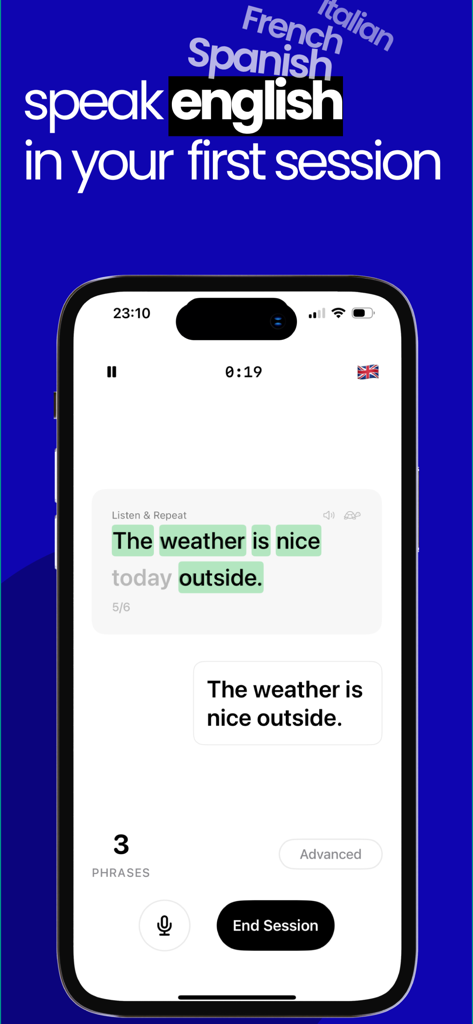 Shadow-Speak&Practice Language - Interface móvel do aplicativo Shadow mostrando feedback de IA em tempo real para pronúncia de inglês com palavras faladas destacadas em verde.
