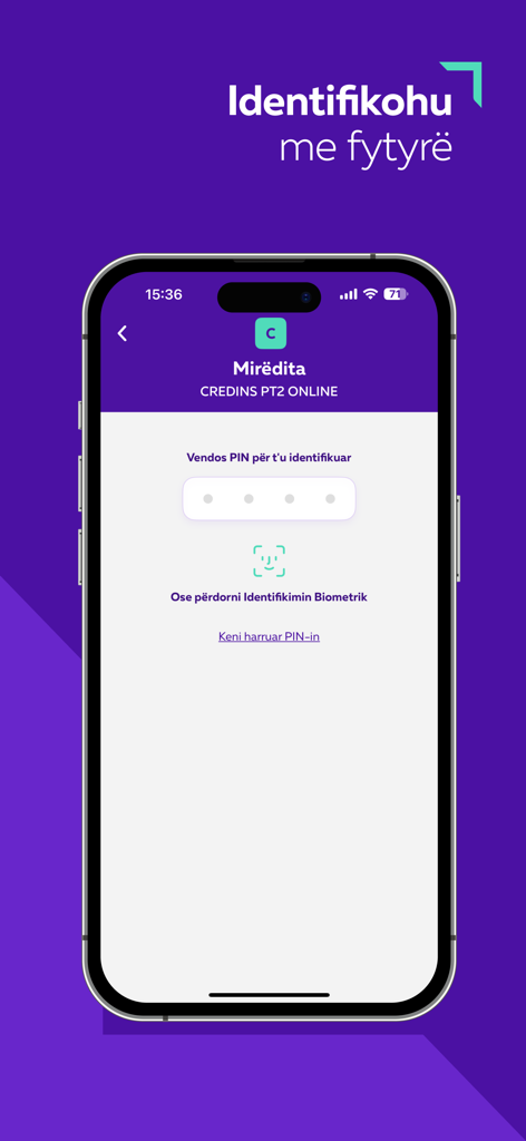 CREDINS online - Credins Online mobile banking app login screen showing options for PIN entry and biometric face recognition in Albanian.