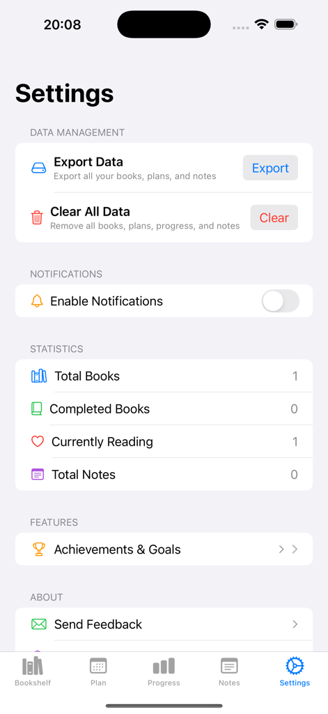 Libriasio - Settings menu of Libriasio app displaying book statistics and data management options