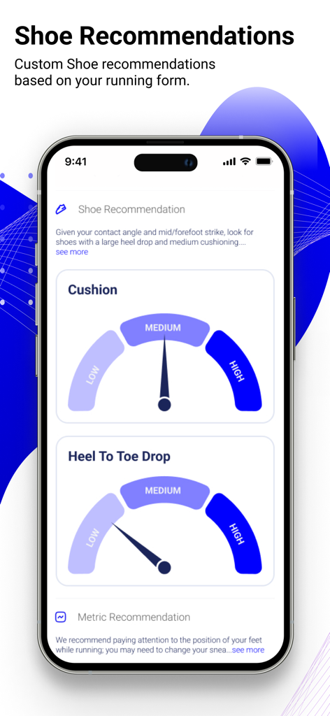Interfaz de la aplicación AiKYNETIX que muestra recomendaciones personalizadas de zapatillas para correr con indicadores de amortiguación y drop talón-punta basados en análisis de marcha.