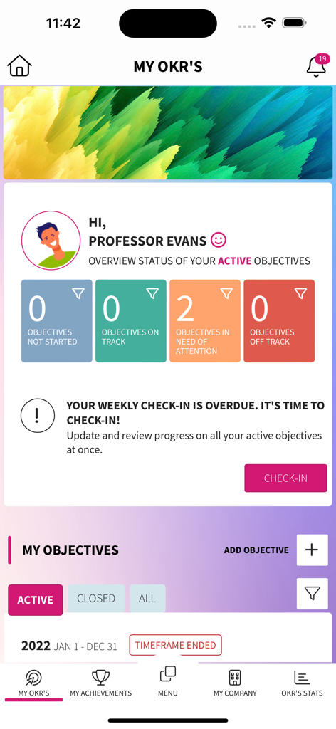 GFoundry - GFoundry Mobile App Dashboard mit Anzeigen für den Status aktiver OKRs und Leistungsziele für einen Mitarbeiter