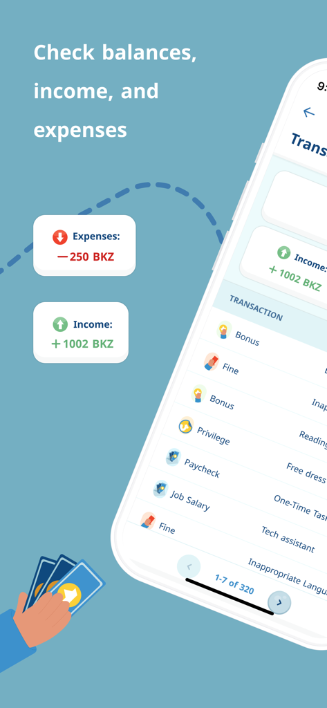 Bankee - Bankee app screen showing virtual currency balances income and expenses for students