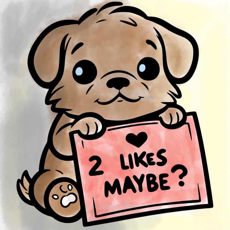 a puppy holding a sign that says 2 likes maybe?