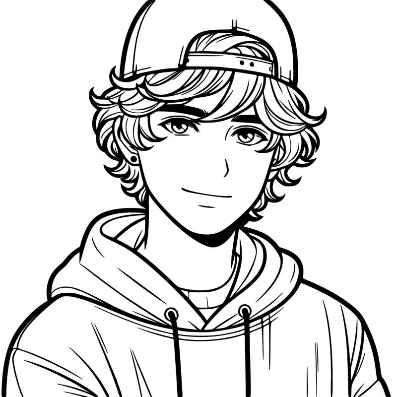 teen boy with longish short wavy hair with a hat and hoodie
