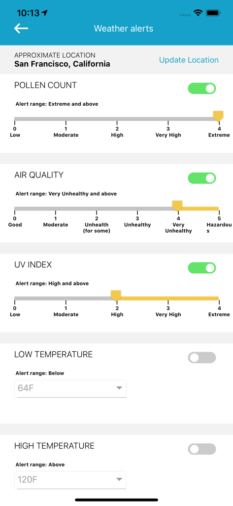 EczemaLess, an AI Eczema Guide - EczemaLess app interface showing environmental trigger tracking for pollen count, air quality, and UV index in San Francisco.